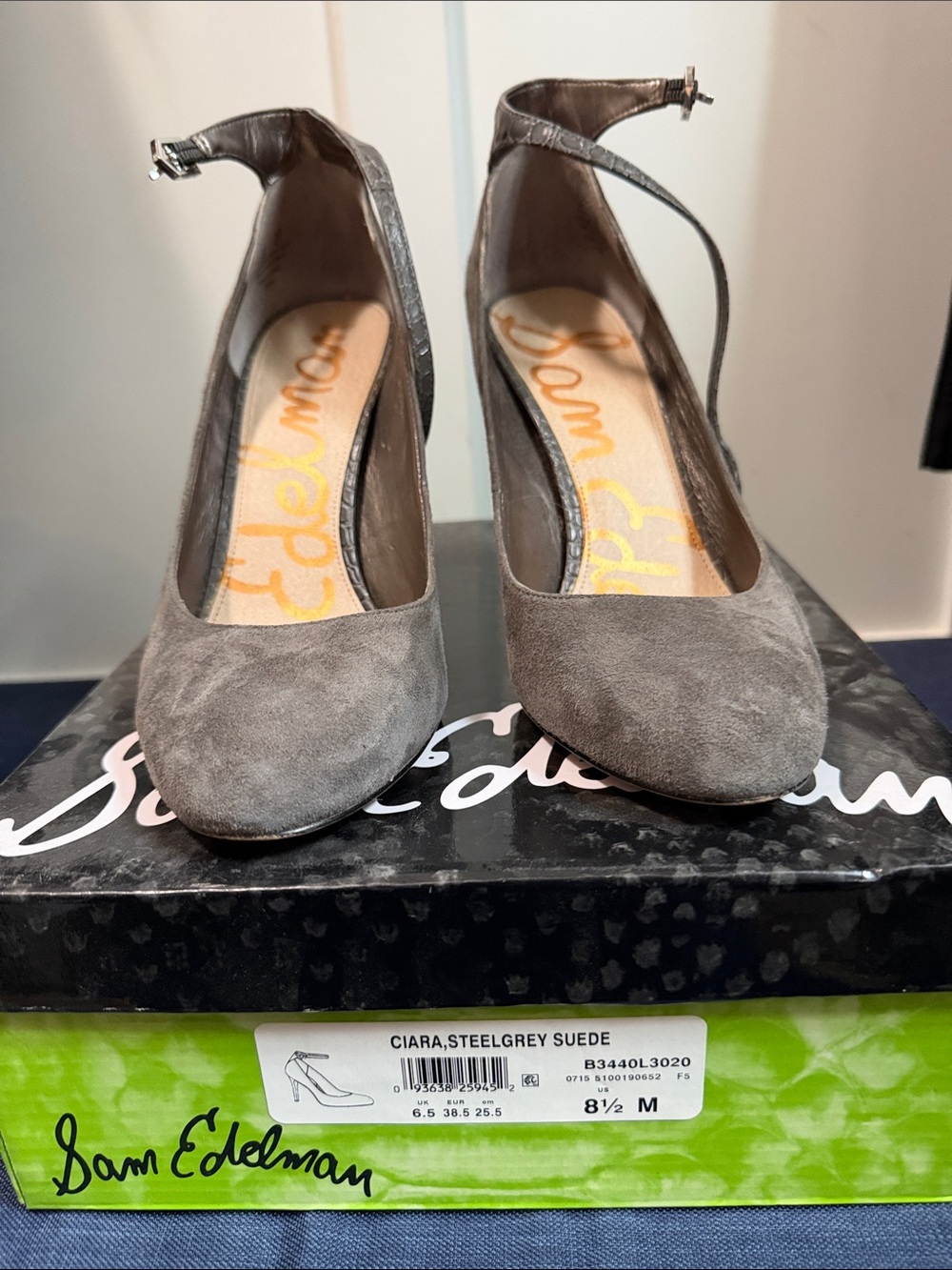 Sam Edelman Steel Grey Suede Ankle-Strap Pumps